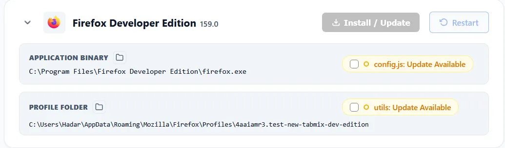 Updater tab per-package status: config.js and utils updates available for Firefox Developer Edition